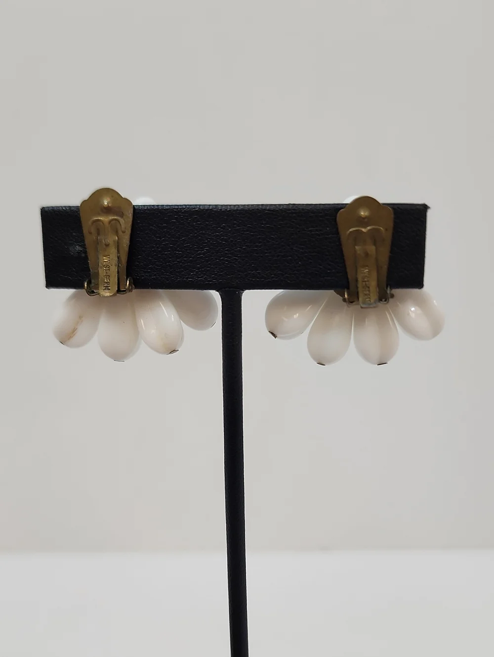 Vintage Western Germany White Milk Glass Flower Clip Earrings